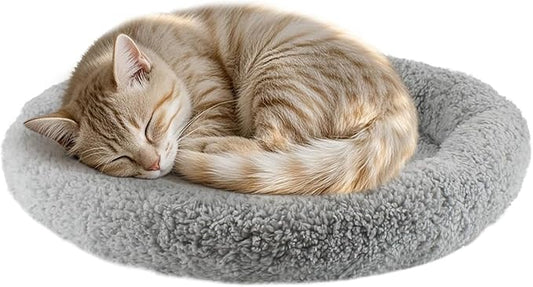 PETLESO Small Cat Bed Mat with Surrounding Pillow, 11.81" Round Soft Cushion for Cats Puppy Rabbits Curling Sleep, Indoor Furniture/Carrier/Crate Pet Self Warming Anti Skid Pad, Washable, Small