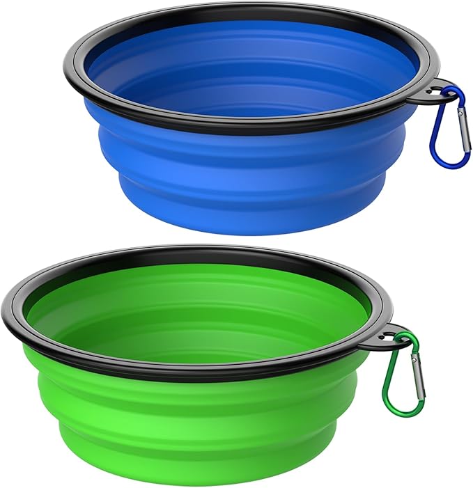 Takfox Collapsible Dog Bowls [2 Pack] 34 oz, Travel Dog Bowls, Pet Bowl Portable Foldable Water Food Feeding Dishes with Carabiner Clip for Traveling Hiking Walking-Green & Blue