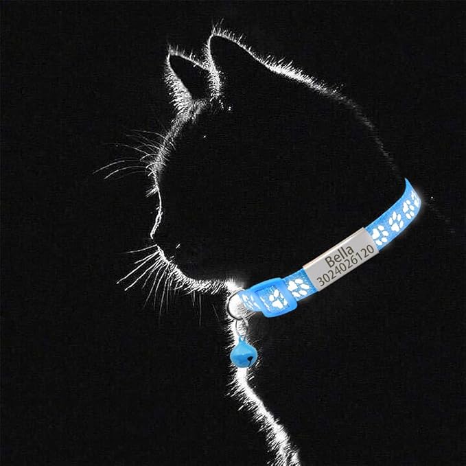 Personalized 2 Pack Reflective Cat Collar,Custom Breakaway Cat Collars with Name Tag and Bell,Anti-Lost Nameplate Cat Collar for Girls & Boys (Light Blue,fit 8''-11.0'')