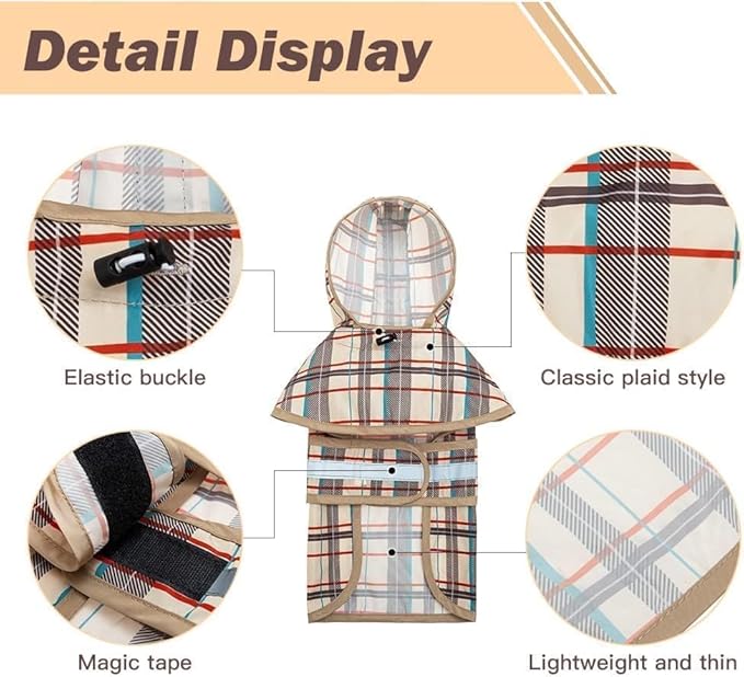KOOLTAIL Dog Raincoat Hooded Slicker Poncho with Leash Hole, Raincoat for Small Medium Dogs, Waterproof Doggie Rain Jacket with Reflective Strip, Adjustable Breathable Plaid Puppy Rainwear-Beige ML