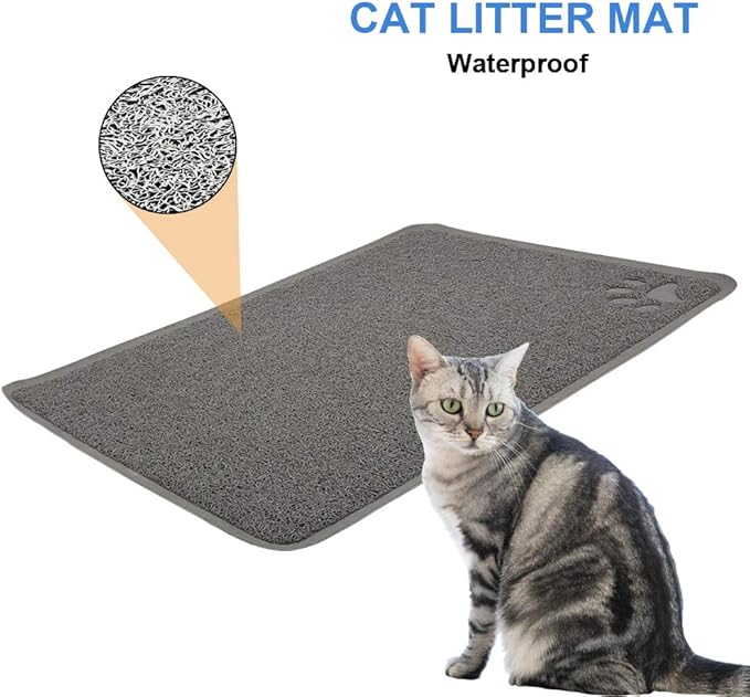 Cat Open Top Litter Box with Lid, Litter Mat, Poop Lifter Scoop & Kitten Kitty Stainless Steel Feeding Dish Bowl, Starter Kit 4 Pack for Small cat Within 5 Months (Grey-One Entry)