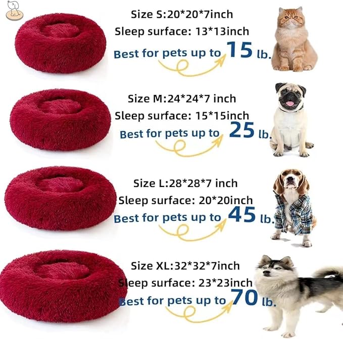 Cat Beds for Indoor Cats - Cat Bed Washable 20/24 inches, Dog Beds for Small Medium Dogs, Anti Anxiety Round Fluffy Plush Faux Fur Cat Bed, Thick Bottom (Red, Medium)