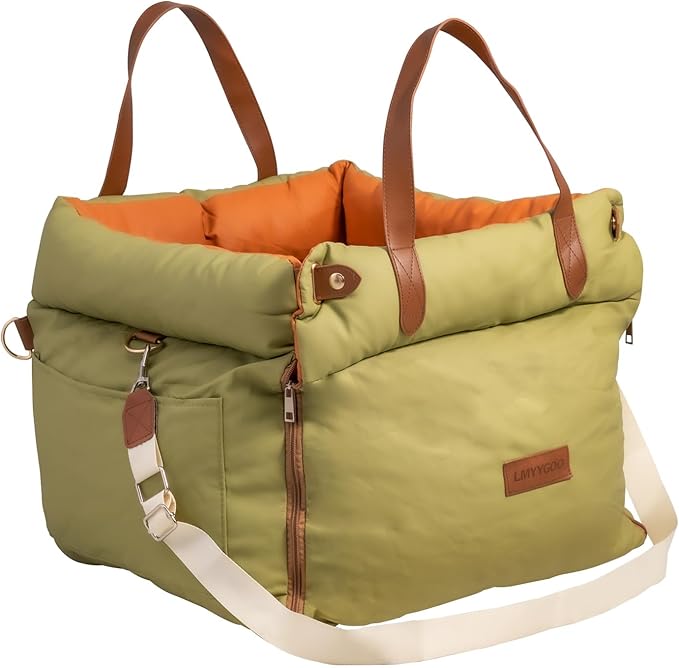 Dog Car Seat for Small & Medium Dogs, Waterproof Soft Leather Dog Car Bed with Harness Clip, Travel Bed & Carrier Bag for Pets, Fits Pets Up to 35 lbs (Green, Small & Medium)