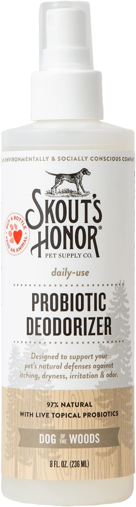 SKOUT'S HONOR Probiotic Pet Deodorizer Spray- Hydrating Daily-Use with Avocado Oil & Omega-3s, Microbiome Friendly Certiified, Paraben & Sulfate-Free, 97% Natural, 8oz, Dog of The Woods