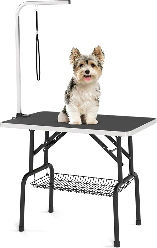 DWVO 36'' Dog Grooming Table, Foldable Pet Grooming Table with Adjustable Arm, Loop, and Mesh Tray, Non-Slip Portable Dog Bathing Station, Black