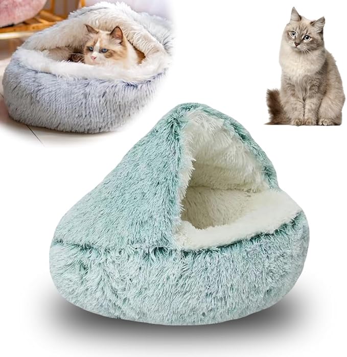 2026 New Plush Cat Nest Bed Cave, Cat Beds for Indoor Cats, Cozy Fluffy Pet Bed, Portable Round Plush Hooded Cats Cave, Washable Soft Puppy Bed for Pet Owners (Green, Small)