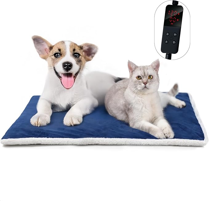 Rest-Eazzzy Cat Heating Pad, Cat Bed with Removable Cover Heated Cat Bed 5 Level Timer and 5 Level Temperature, Cat Beds for Indoor Warming Mat for Cat Dog (Heat pad, Pure-Blue,L)