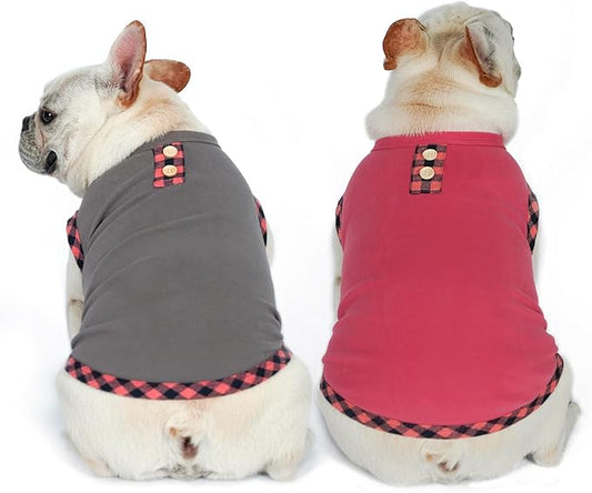 KYEESE Dog Shirt (2Pack Grey+Pink, Large) - Stretchy Velvet Pullover Vest, Lightweight Fleece, Sleeveless, Plaid Binding, Button Decoration, Breathable, Comfortable, for Small Dogs