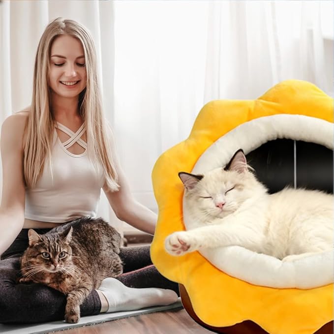 Cat Beds for Indoor Cats - Sun flower-shaped Cat Cave Bed with Hanging Toy,Super Soft Calming Pet Bed for Kitten&puppy,Small Dog,Warm Plush&Machine Washable&Removable Cotton Pad,cat Hideaway(Brown L)