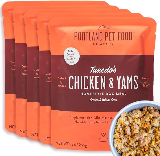 Portland Pet Food Company Fresh Dog Food Pouches - Human-Grade Toppers Wet Pet Meal & Mixers - Gluten-Free Limited Ingredient Tuxedo’s Chicken & Yams - Large & Small Breed Puppy & Senior Dogs - 5 Pack