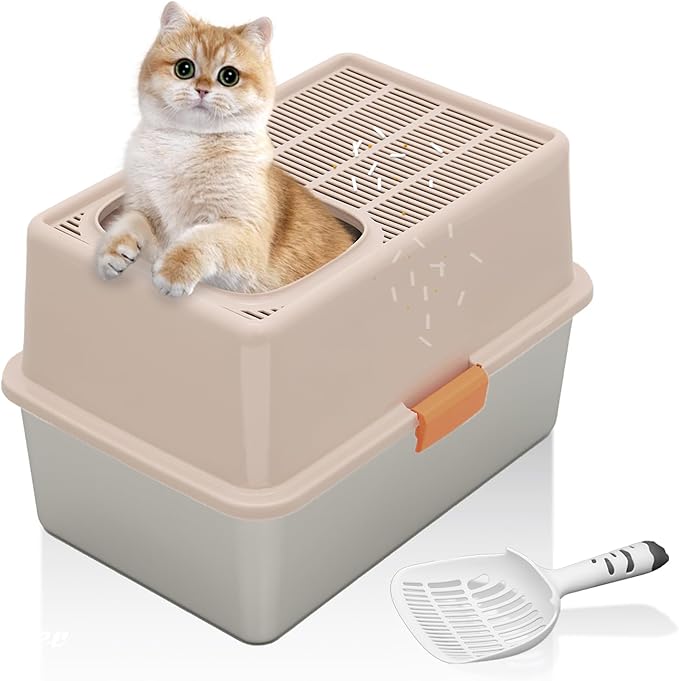 MEEXPAWS Stainless Steel Cat Litter Box Top Entry XL Large with Lid, 8'' High Side Metal Cat Litter Box for Big Cats, Top Cover with Slot, Non-Stick, Easy Clean, Include Litter Scoop