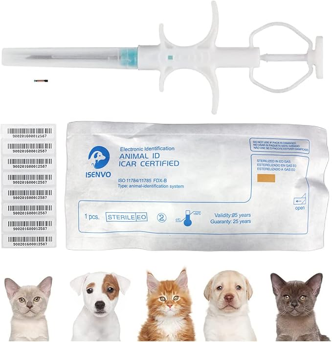 100 Packs 1.25x7mm, ISENVO Pet Microchips 134.2khz Registration Animal Implant Chip FDX-B Pet ID Microchip for Pets Dog Cat Cow Pig Rabbit Pigeon Fish- Free Lifetime Registration