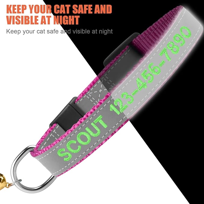 Cat Collar Personalized - Breakaway Reflective Cat Collar with Bell-Custom Cat Collars Embroidered with Name and Phone, Adjustable for Cats and Kitten