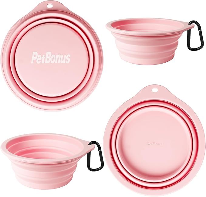 PetBonus 2-Pack Silicone Collapsible Dog Bowls, BPA Free Dishwasher Safe, Portable Foldable Expandable Travel Bowl, Food Water Feeding Cup Dish for Dogs Cats with 2 Carabiners （Grey, Chalk Pink）