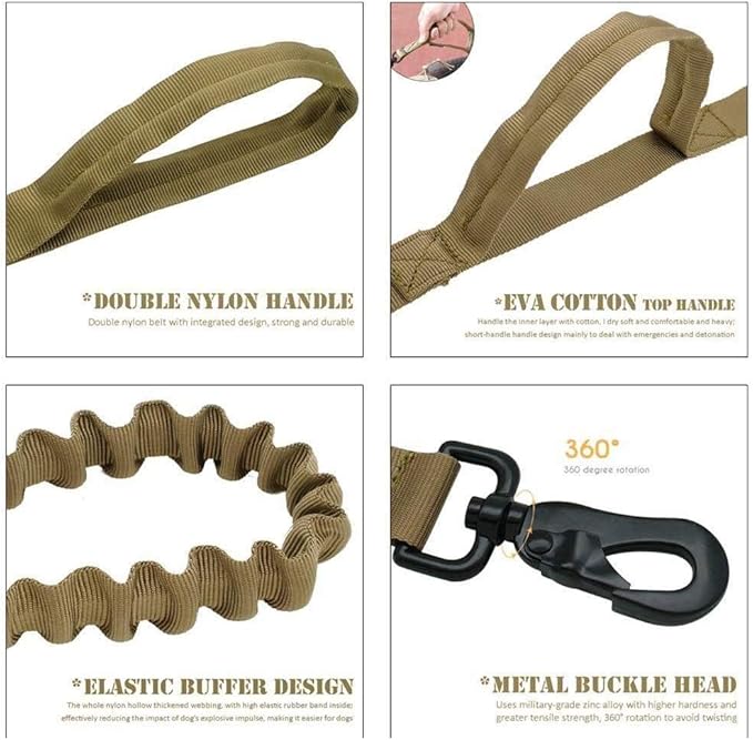 Tactical Dog Collar and Leash Set Tactical Dog Collar with Handle Bungee Leash Adjustable Military Training Nylon Collar Dog Training Collar Leash Set with Control Handleand Metal Buckle （Brown L
