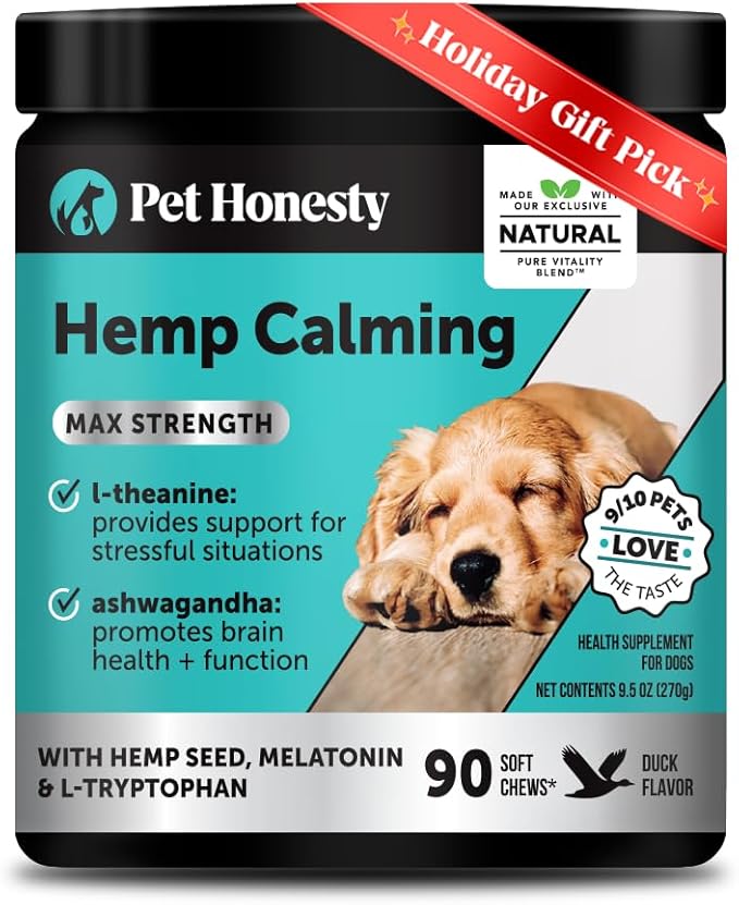 Natural Hemp Calming Chews for Dogs Maximum Strength - Hemp & Melatonin for Occasional Anxiousness - Calming Aid Supplement with Valerian Root - Stress, Separation & Thunder Support - (Duck 90 Ct)
