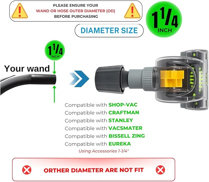 1-1/4'' Vacuum Turbo Brush Attachment for Pet Hair Removal – Fits Shop Vacs 1.25”(32mm) Hoses with Adapter– Air Driven Turbo Brush Compatible with Most Vacuum Cleaners Outer Diameter Hose 1-1/4