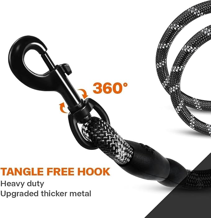Taglory Rope Dog Leash 6 FT with Comfortable Padded Handle, Highly Reflective Threads Leash for Medium Large Dogs, 1/2 inch, Black