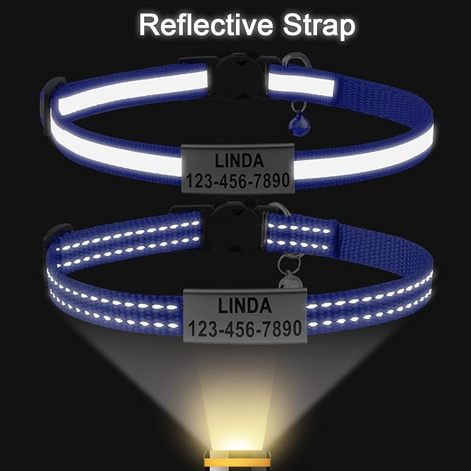 Cat Collar Personalized - Breakaway Reflective Cat Collar with Bell-Custom Cat Collars Engraved with Name and Phone, Adjustable for Cats and Kitten