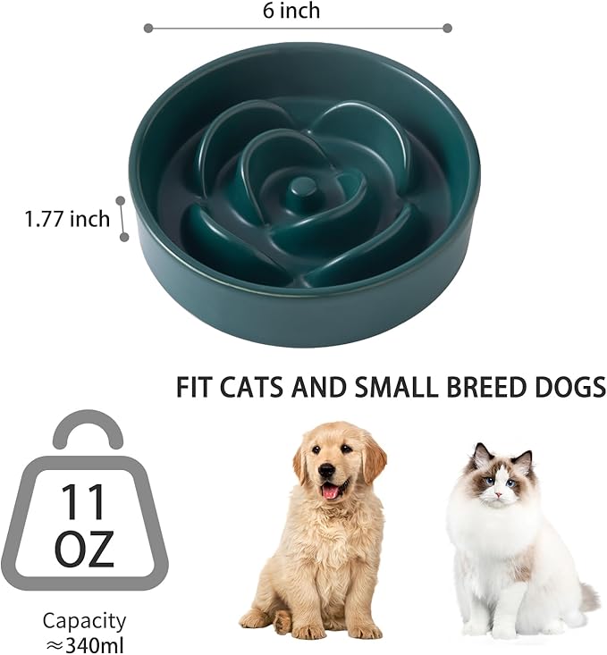 6'' Ceramic Slow Feeder Dog Bowls - Petal Shape Modern Dog Food Dish for Cats and Small Breed Dogs, Puzzle Maze Bowl to Slow Down Eating, Anti-Gulping, Dishwasher & Microwave Safe, Green