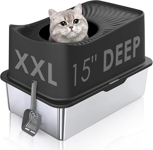 Top Entry Cat Litter Box with Lid, Stainless Steel Extra Large Enclosed Cats Kitty Litter Pan Easy Cleaning, XL Metal High Side litter Boxes Tray, Cat Box Enclosure, Never Absorb Odor or Rust