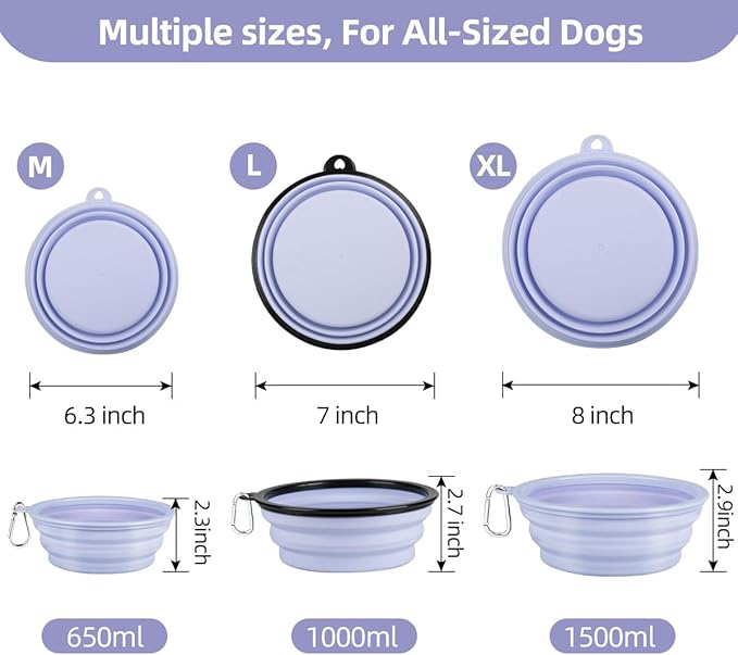 Kytely Collapsible Dog Bowls (1000ml), 2Pack Foldable Travel Bowls, Portable Dog Water Food Bowl with Clasp (Lavender+Pink)