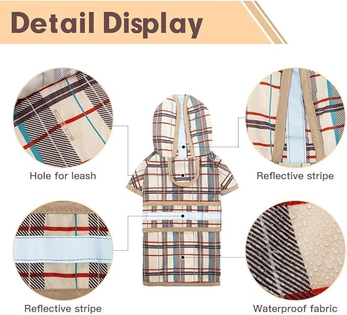 KOOLTAIL Dog Raincoat Hooded Slicker Poncho with Leash Hole, Raincoat for Small Medium Dogs, Waterproof Doggie Rain Jacket with Reflective Strip, Adjustable Breathable Plaid Puppy Rainwear-Beige ML