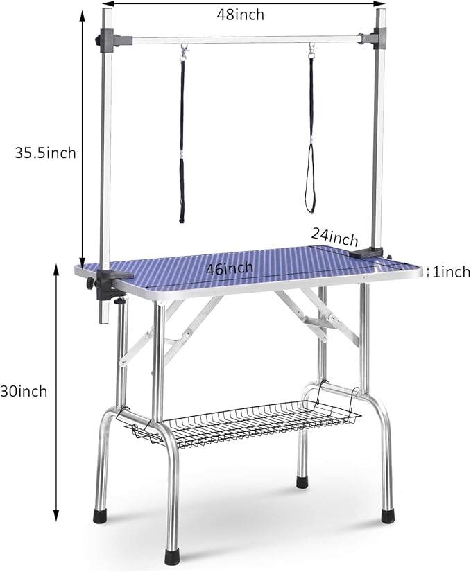 SoarFlash Pet Dog Grooming Table Foldable,Heavy Duty Foldable Pet Grooming Table with Arm & Noose & Mesh Tray, Maximum Capacity Up to 330lbs, 46inch, Blue