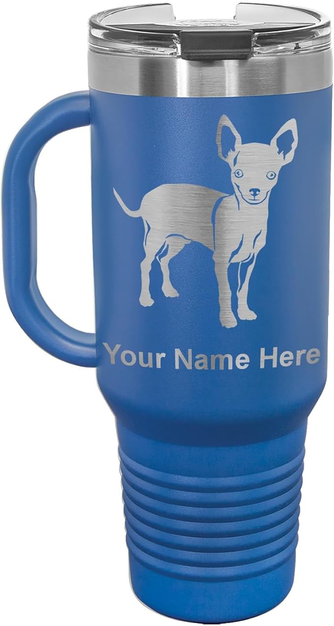 LaserGram 40oz Vacuum Insulated Travel Mug with Handle, Chihuahua Dog, Personalized Engraving Included (Dark Blue)
