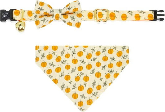 Ultra Joys Cat Collar with Bells - Breakaway for Cats, Boy & Girl Cat Collars Kitten Collar with Bell - Break Away Collar for Cats - Breakaway Cat Collar with Bandana and Bowtie Pumpkin Small