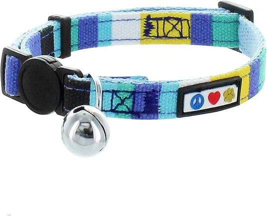 Pawtitas Multicolor Cat Collar Kitten Collar with Safety Buckle and Removable Bell - Blue/White/Yellow/Teal