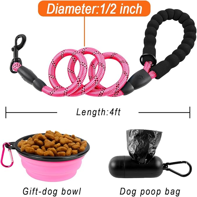 BARKBAY Dog Leashes for Large Dogs Heavy Duty Dog Leash 4/5/6 FT with Comfortable Padded Handle and Highly Reflective Threads for Medium Large Dogs Walking Training Running (4FT-1/2'',Pink)