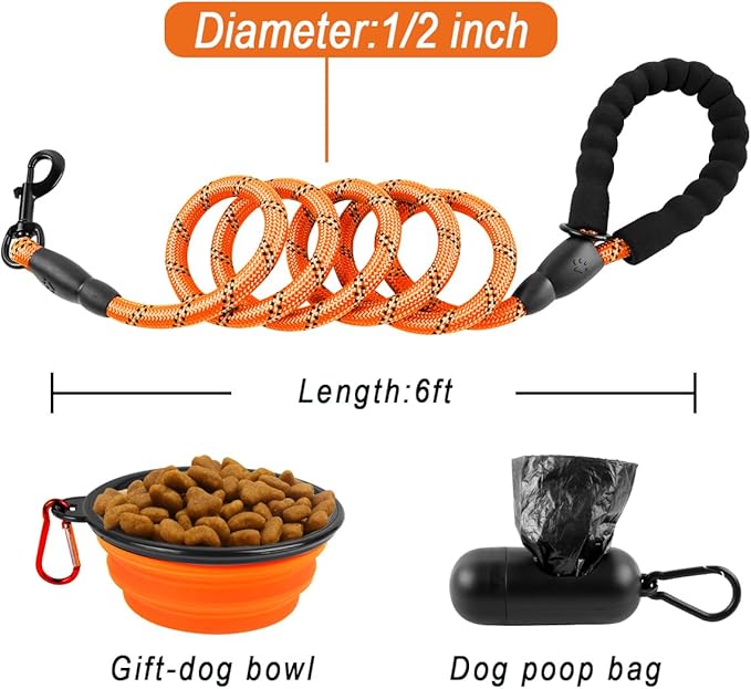 BARKBAY Dog Leashes for Large Dogs Heavy Duty Dog Leash 4/5/6 FT with Comfortable Padded Handle and Highly Reflective Threads for Medium Large Dogs Walking Training Running (6FT-1/2'',Orange)
