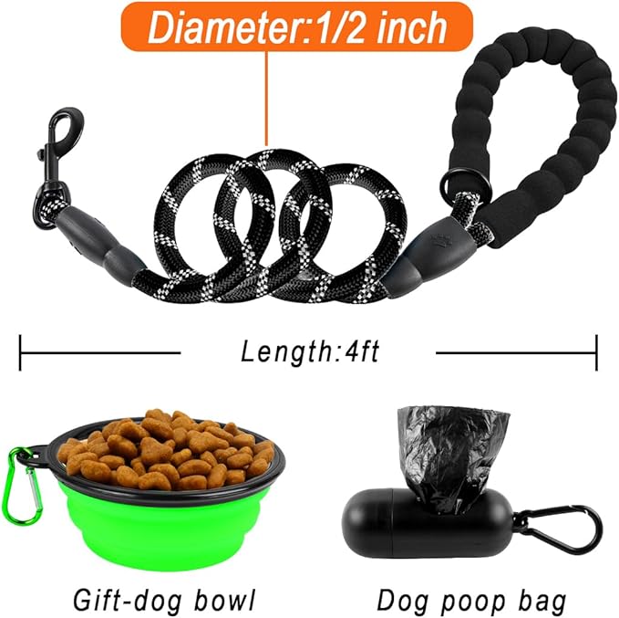 BARKBAY Dog Leashes for Large Dogs Heavy Duty Dog Leash 4/5/6 FT with Comfortable Padded Handle and Highly Reflective Threads for Medium Large Dogs Walking Training Running (4FT-1/2'',Black)