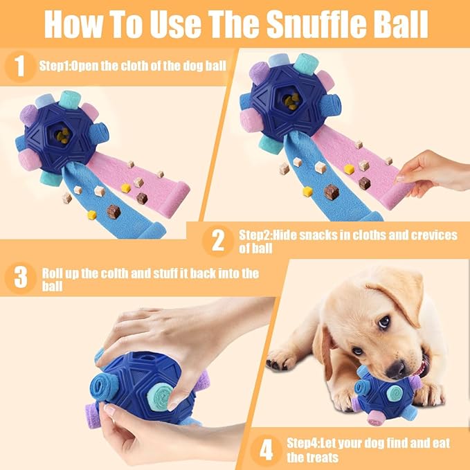 Dog Snuffle Ball-Interactive Puzzle Dog Toys Encourage Natural Foraging Skills Slow Feeder for Training and Stress Relief, Cloth Strip Hiding Food Chew Toys for Any Size Dogs