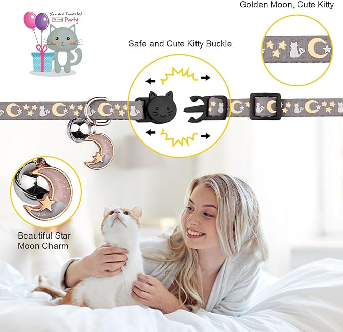2PCS Breakaway Cat Collars with Bell Cute Kitty Glow in The Dark Adjustable Kitten Collars 7.9-13.0 Inch(Grey&Black)