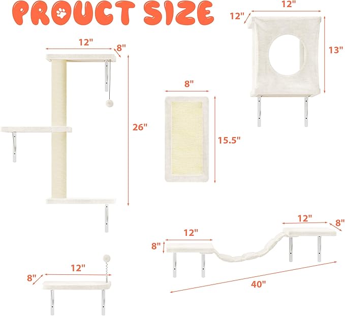 10-in-1 Cat Wall Shelves, Wall Mounted Cat Climber Set with Kitten House, Bridge, Steps, Scratcher, DIY Playground for Indoor Kitten Furniture Set, Beige