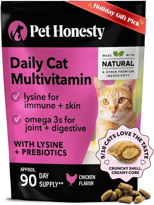 Cat Multivitamin Chews - Cat Treats for Health + Immune, Joint Support, Skin & Coat, and Digestion - Omega 3s, Lysine & Probiotics for Cats, Vitamins for Cats - Chicken (90-Day Supply)