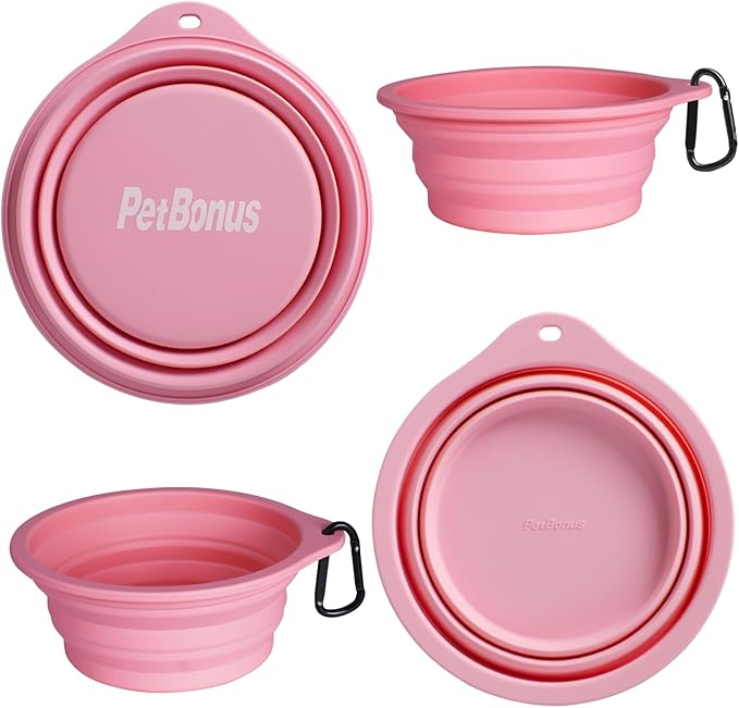 PetBonus 2-Pack Large Silicone Collapsible Dog Bowls, 34oz/1000ml BPA Free Portable Foldable Travel Bowl for Pet Cat, Food Water Feeding Dish for Camping with 2 Carabiners (Purple, Pink)