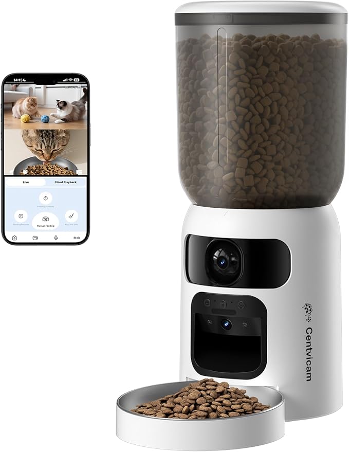 Automatic Cat Feeder with Dual 2K HD Camera, Smart Pet Food Dispenser for Timed Meals, APP Control Laser Interactive Toy Treat Feeders with 2.4G / 5G WiFi, White