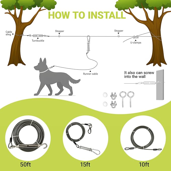 Heavy-Duty Dog Tie-Out Cable Runner System for Yard & Camping, 50/100/120ft with 10/15ft Pulley Line, Supports Dogs Up to 250lbs (Black, 100FT)