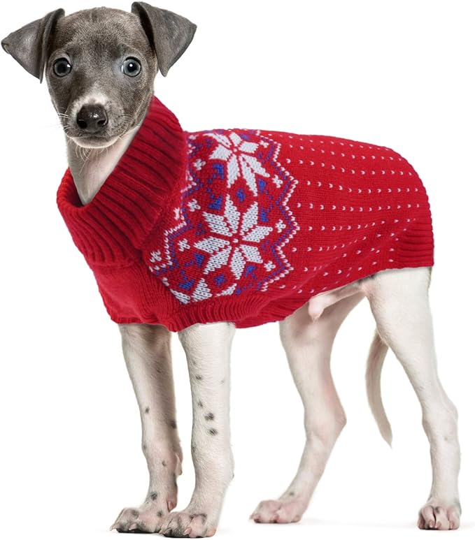 FUAMEY Dog Christamas Sweater, Warm Dog Sweater Classic Snowflake New Year Turtleneck Sweaters Knitwear Cold Weather Dogs Pullover for Small Medium Dogs Puppies & Cats Bulldogs Corgi with Leash Hole