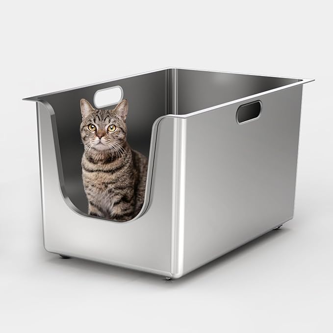 Stainless Steel Litter Box 11.8'' High Sides, XL Metal Cat Litter Box with Curved Low Entry, Cat Litter Pan for Big & Multiple Cats, Pet Toliet with Handy Wheels for Easy Moving