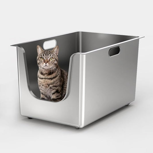 Stainless Steel Litter Box 11.8'' High Sides, XL Metal Cat Litter Box with Curved Low Entry, Cat Litter Pan for Big & Multiple Cats, Pet Toliet with Handy Wheels for Easy Moving