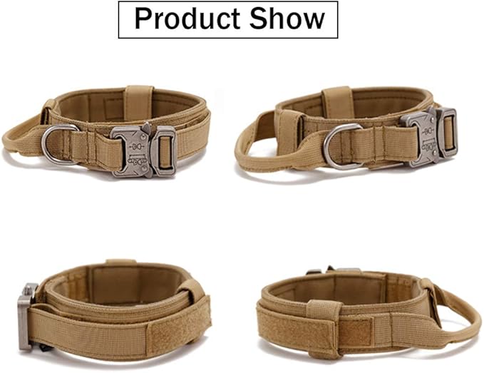 Tactical Dog Collar and Leash Set Tactical Dog Collar with Handle Bungee Leash Adjustable Military Training Nylon Collar Dog Training Collar Leash Set with Control Handleand Metal Buckle （Brown L