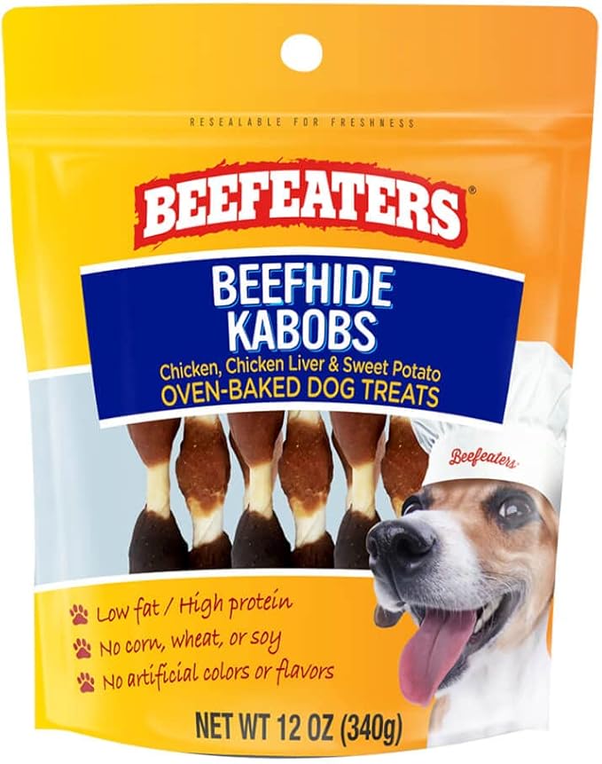 Beefeaters Beefhide Kabobs – Dog Treat. Triple Flavor with Real Chicken, Liver & Sweet Potato, Long-Lasting Chew, Supports Dental Health, Ideal for Training
