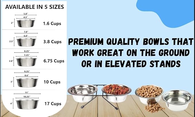 Greendale - 4 Pack - 6.75 Cup Capacity - Stainless Steel Metal Dog Bowls - Perfect for Dog Food and Water. Wrong Size? Click to Look at Our Size Options.