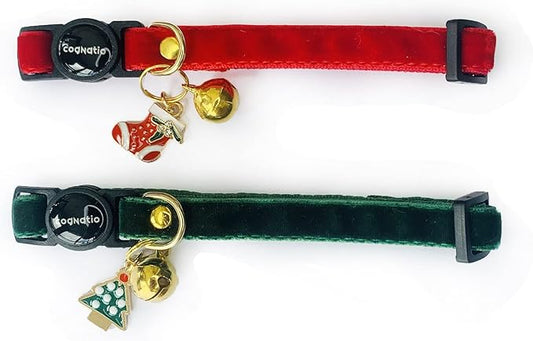 Safety Quick Release Cat Collars,Double Velvet with Bell Available in a Range Colors,Perfect for Your Kitty, Adjustable 20-30 cm (20-30cm, Christmas Set)