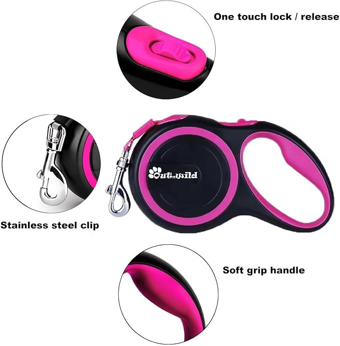 OUTnWILD Retractable Dog Leash, 16 ft Heavy Duty Dog Leash for Large Breeds/Pets Up to 110 lbs, 360° Tangle Free Design with One Touch Quick-Lock Braking System & Anti-Slip Handle. (Pink, L)