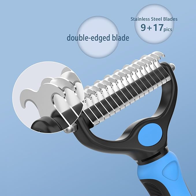 2-Piece Cat and Dog Grooming Set with a pair of grooming gloves and a shedding brush for shedding, bathing, brushing, removing undercoat and reducing shedding easily (Blue)